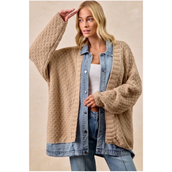 Bibi Khaki Chunky Cable Knit Denim Mix Snap button Oversized Sweater Cardigan - Picture 3 of 7
